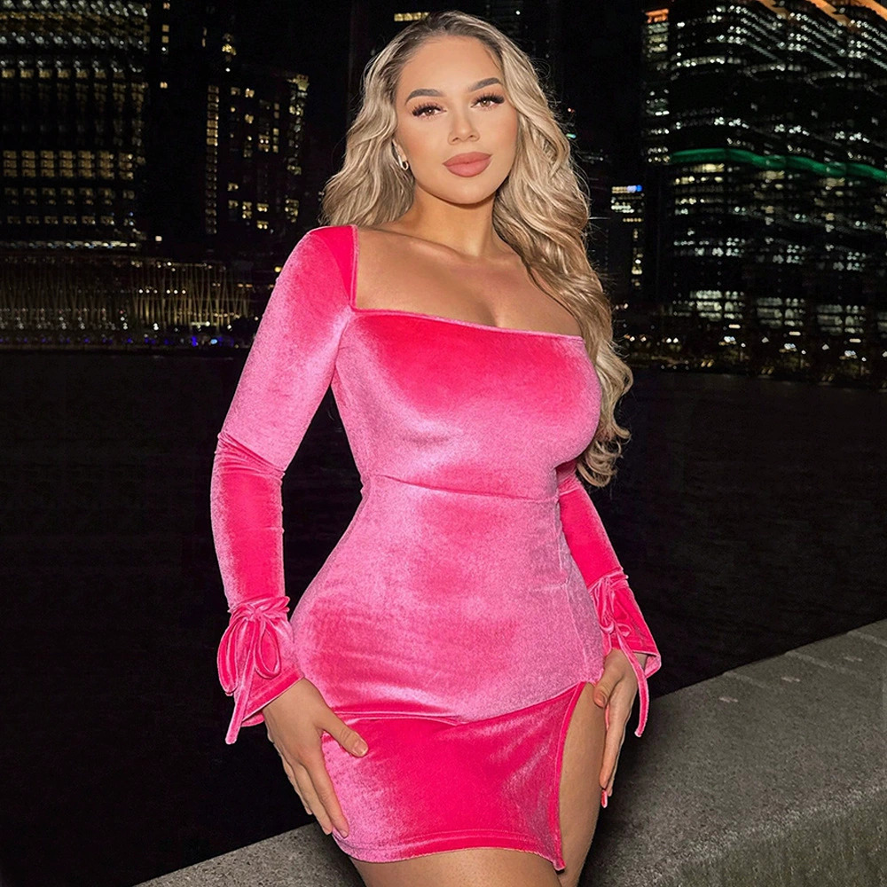 ZARA Party Velvet Square Neck Bodycon Mini Dress Long Sleeve Tie Slit